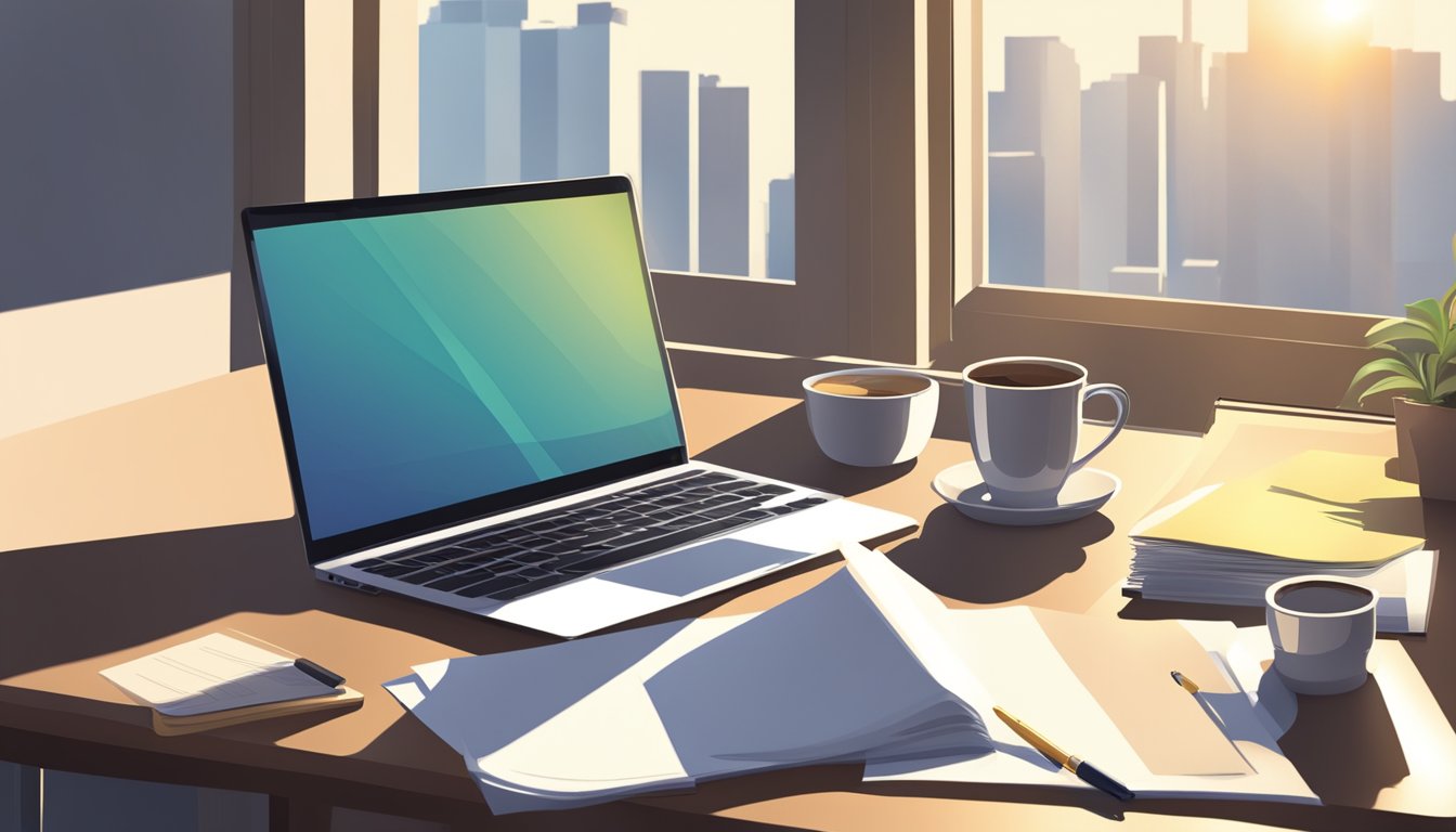 A desk with a computer, notebook, and pen.</p><p>A stack of papers and a cup of coffee.</p><p>A window with sunlight shining in