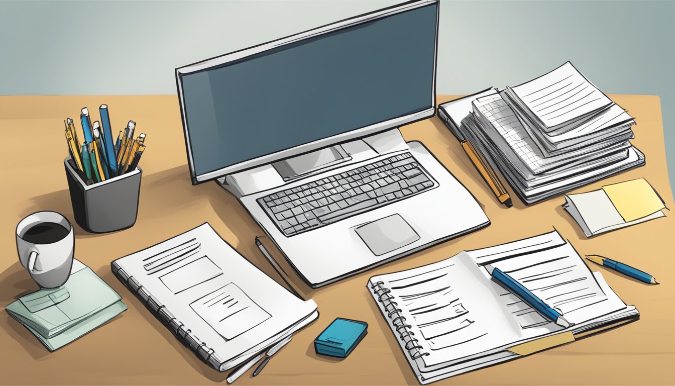 A desk with a computer, notebook, and pen.</p><p>A stack of papers labeled "The 5 Best Alternatives to Copyscape" sits next to the computer