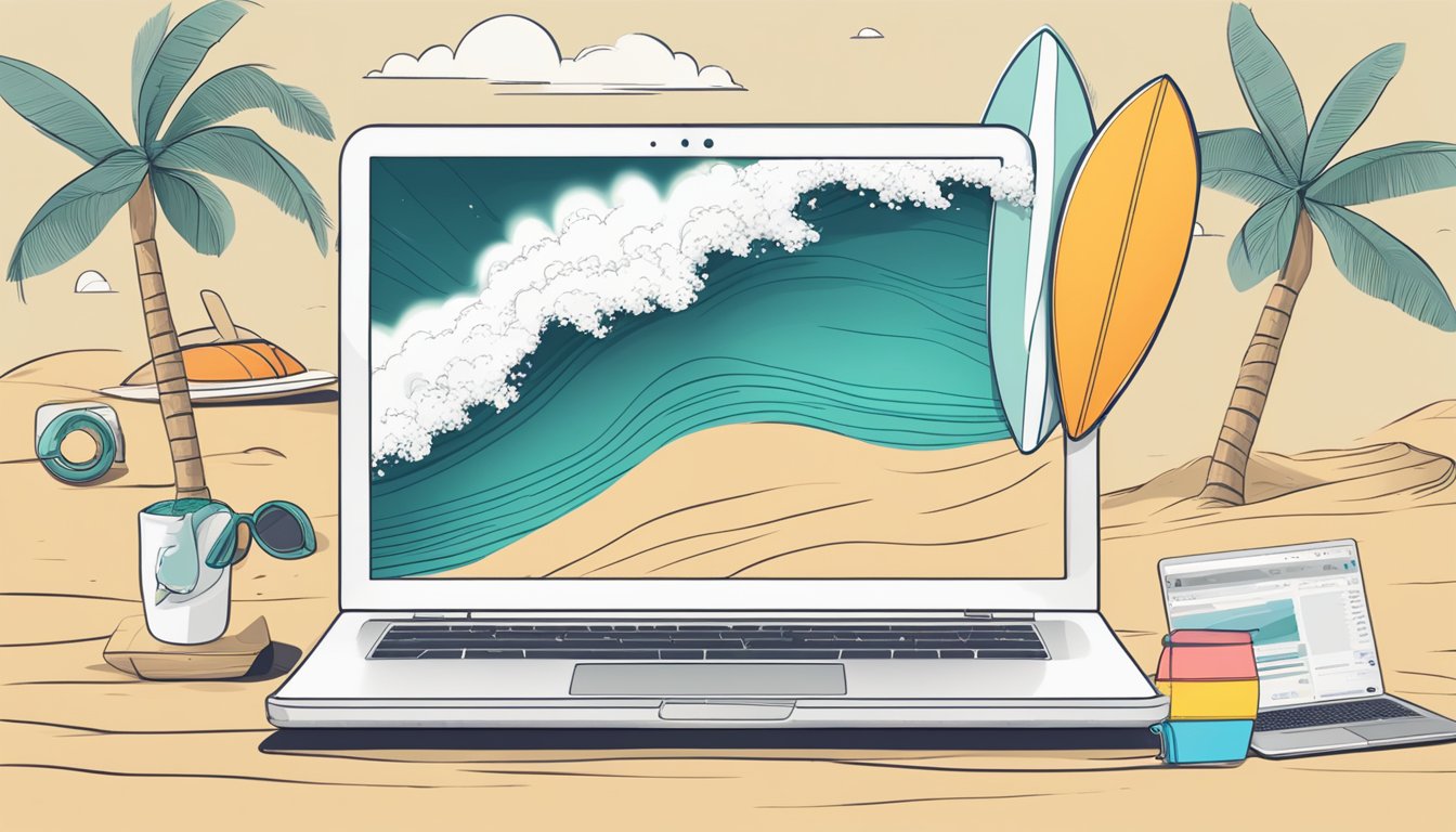 A beach with waves, surfboards, and a laptop on the sand.</p><p>Various SEO tools like Surfer, Clearscope, and their alternatives displayed on the laptop screen