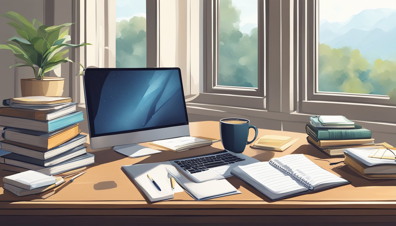 A desk with a computer, notebook, and coffee mug.</p><p>A stack of books on writing sits nearby.</p><p>The room is filled with natural light from a large window