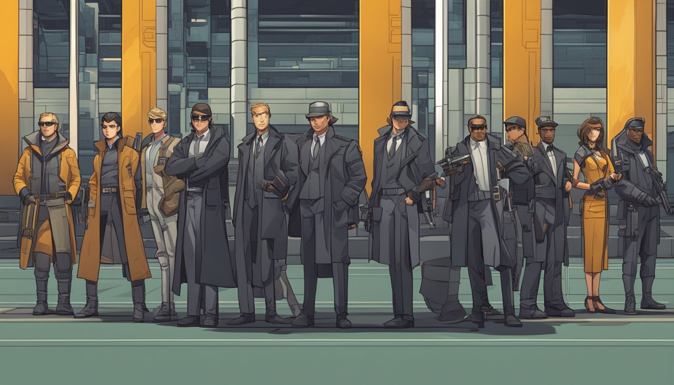 A group of seven distinct spy characters stand in a line, each holding a different tool or weapon.</p><p>They are positioned in front of a large, futuristic-looking building with the words "Wincher" crossed out and "SpyFu" written in bold letters