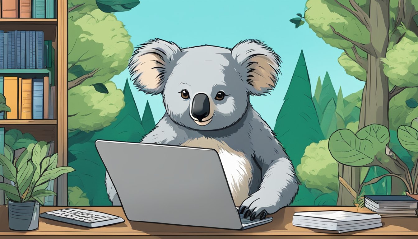 A koala sits at a desk with a computer, surrounded by trees and books, typing "The 7 Best Alternatives to Frase" on a screen