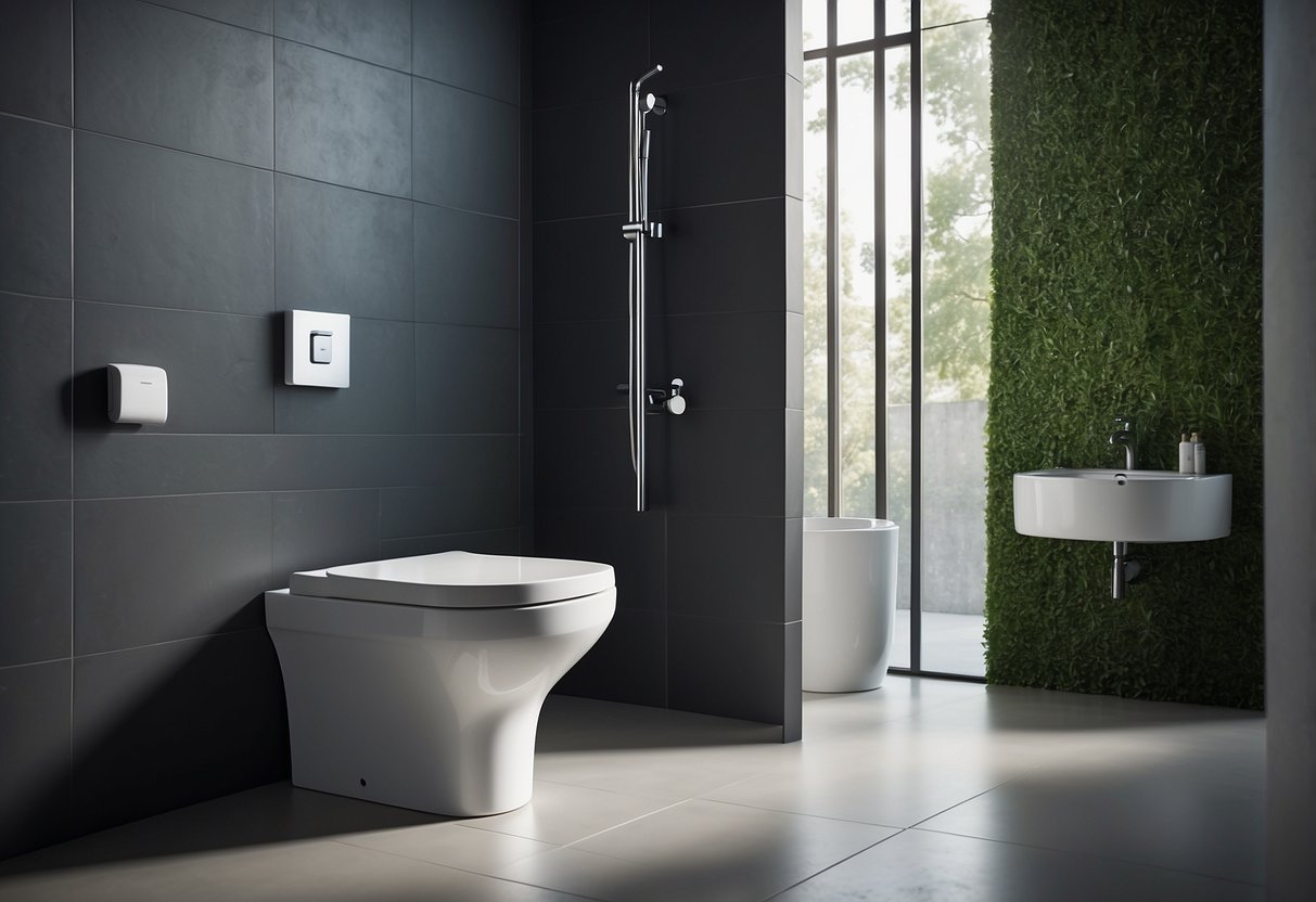 A water-saving toilet with dual flush feature and sleek design. Reduces water usage and promotes eco-friendly living