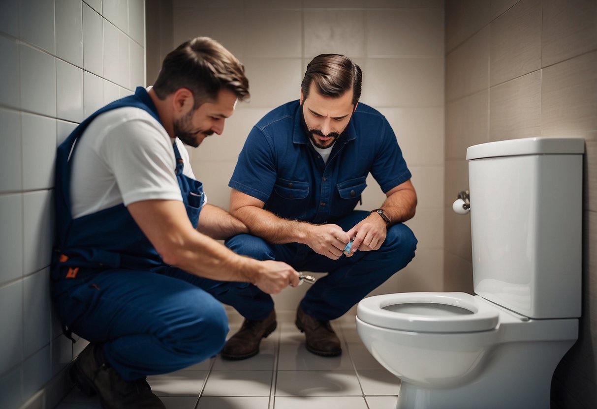 A plumber installs a water-saving toilet in a modern bathroom