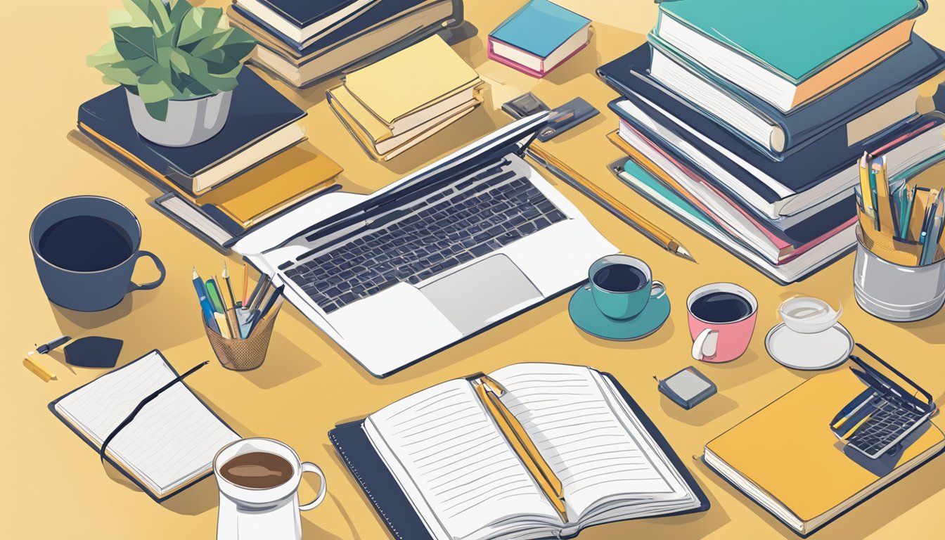 A desk with a laptop, notebook, and pen.</p><p>Surrounding the desk are various books on writing and grammar.</p><p>A cup of coffee sits next to the laptop