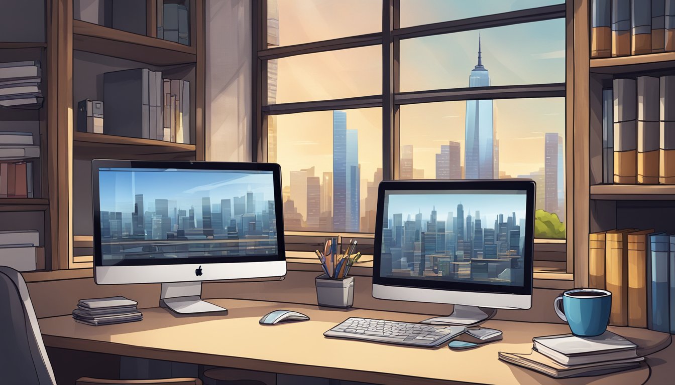 A desk with a computer, notepad, and coffee mug.</p><p>A window shows a city skyline.</p><p>Bookshelves line the walls