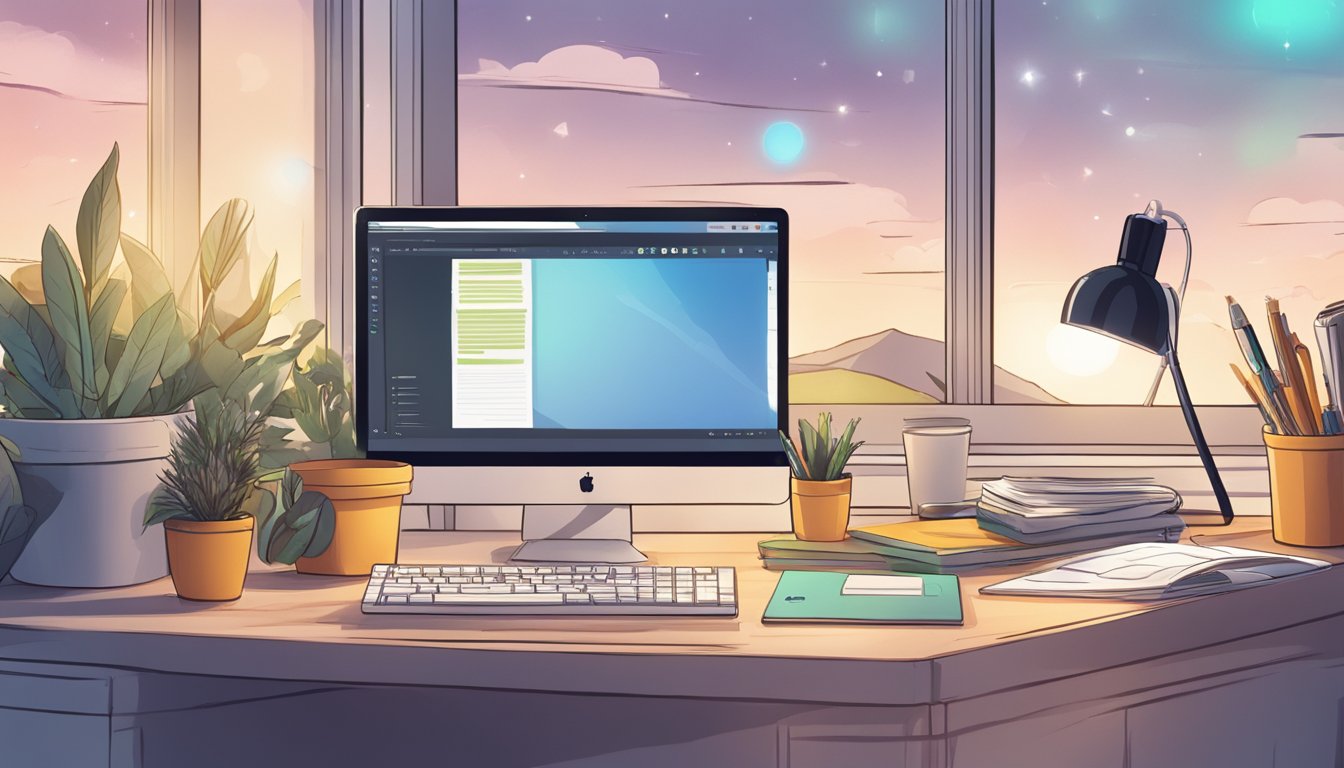 A desk with a computer, open browser showing "7 Best Alternatives to Wordtune." Text editing tools scattered around.</p><p>Light from the window illuminating the scene