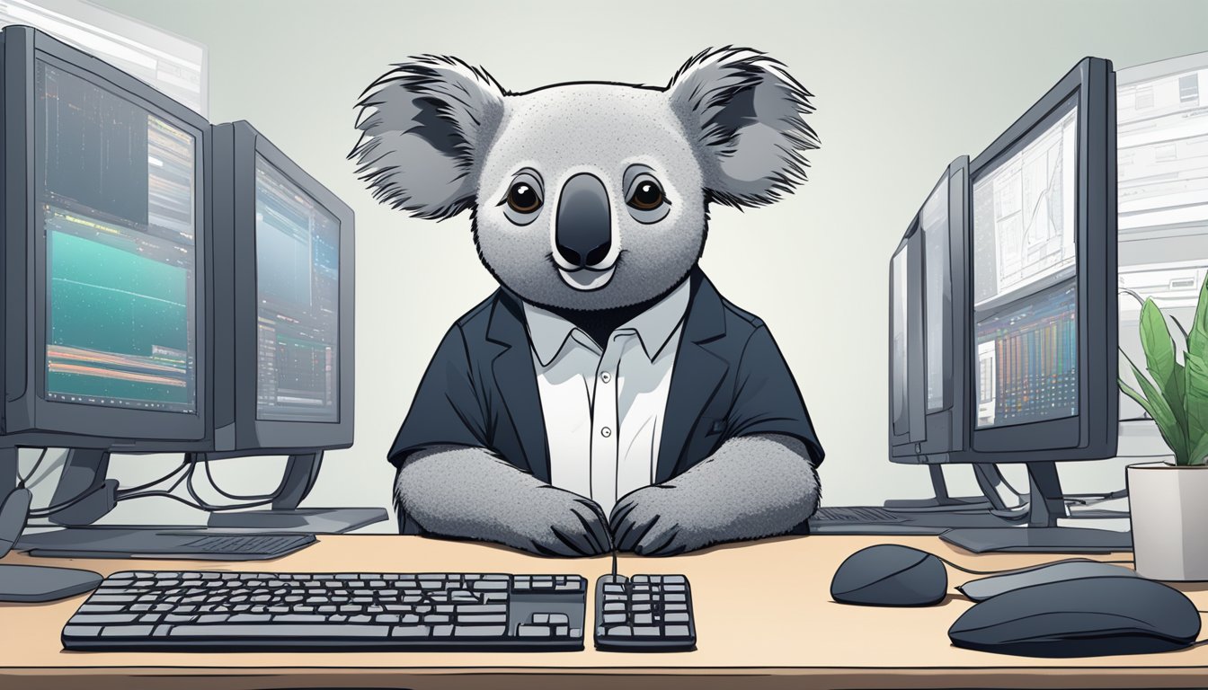 A koala sits at a desk surrounded by six different computer screens, each displaying a different alternative to MarketMuse.</p><p>The koala appears focused and determined as it types on a keyboard