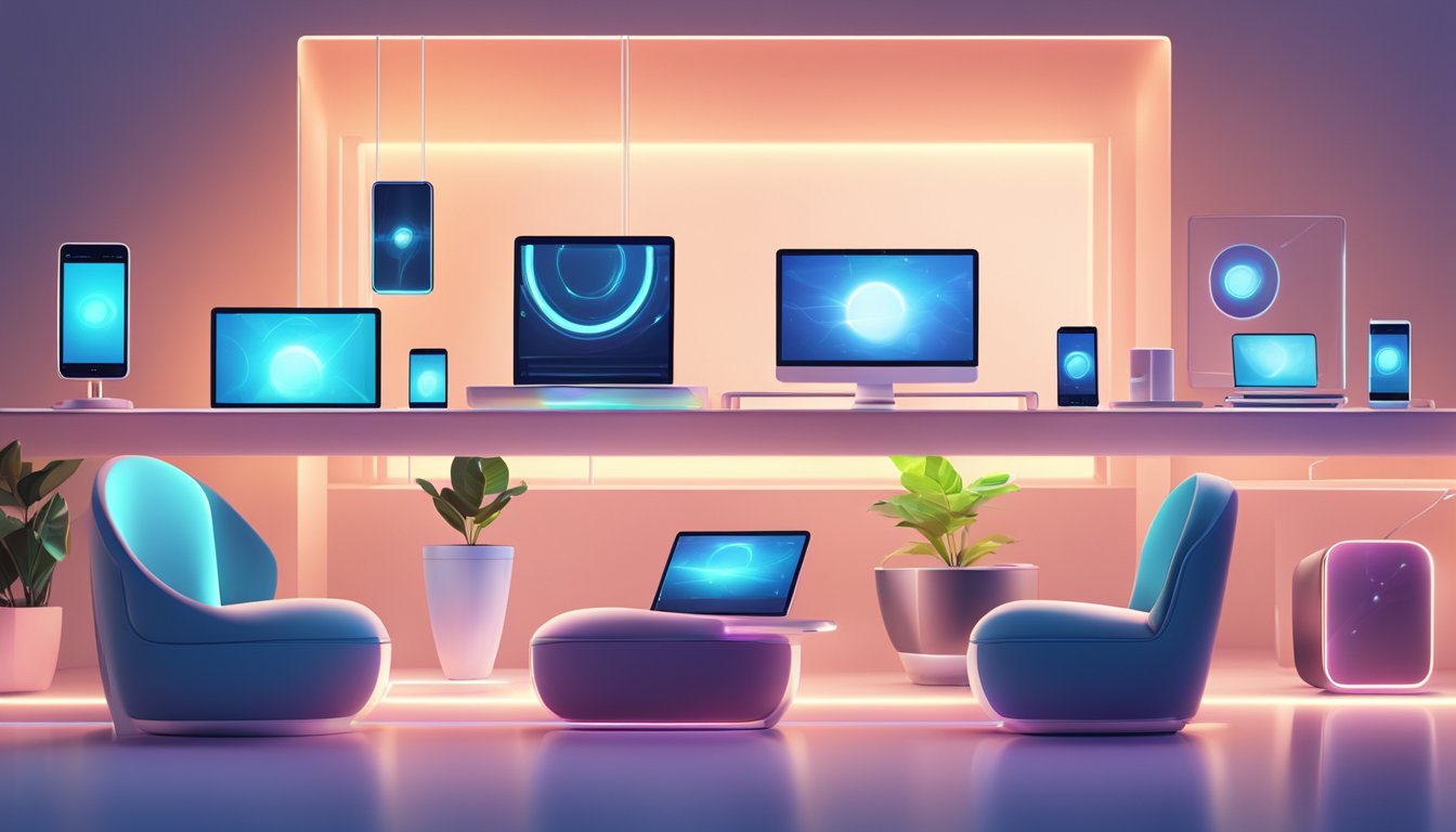 Six smart devices stand in a row, each with a unique design and glowing display.</p><p>They are surrounded by futuristic technology and sleek, modern furniture