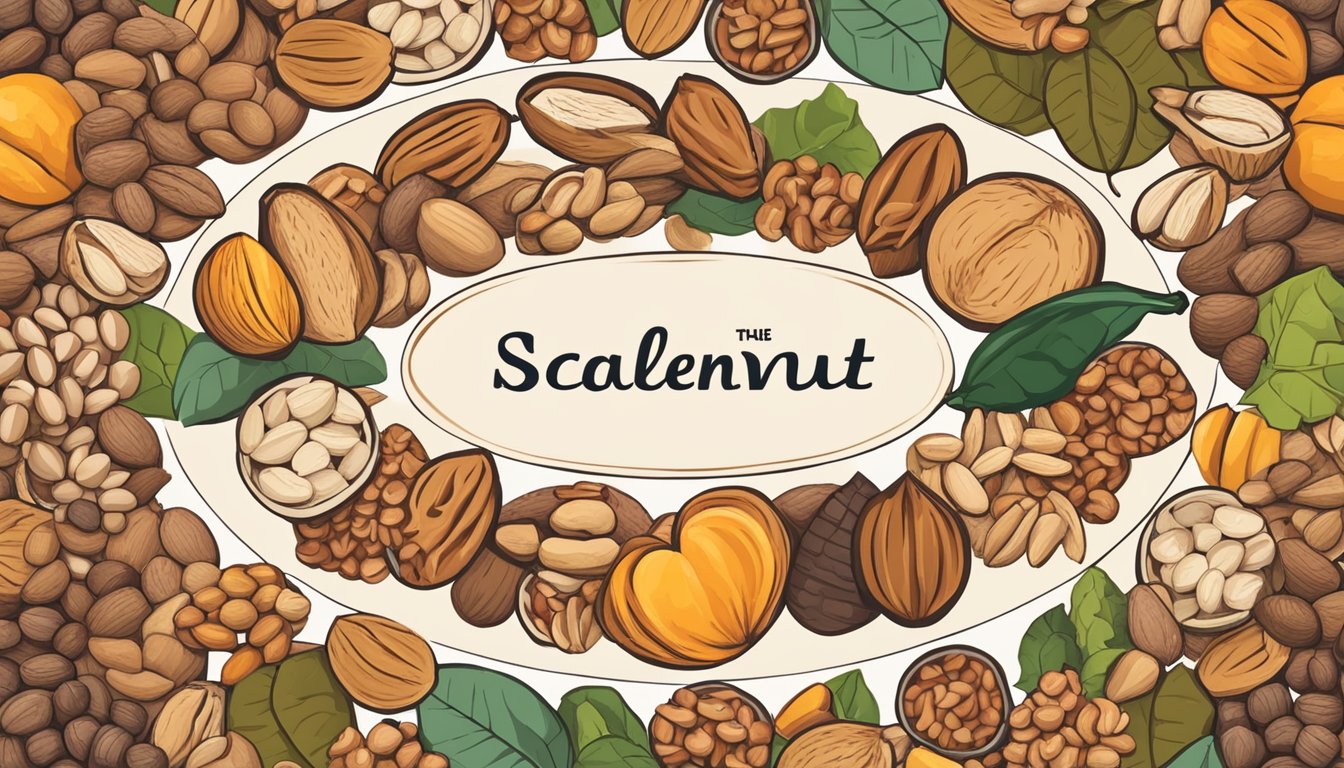 A variety of nuts arranged in a circular pattern, with the words "Scalenut" and "The 7 Best Alternatives to Frase" written in bold, eye-catching font in the center