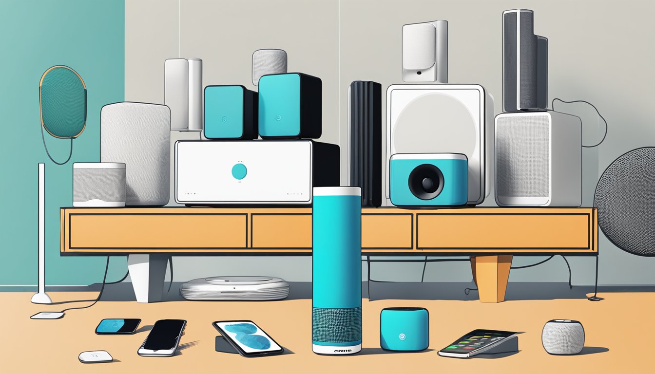 A Sonos One speaker surrounded by 6 alternative smart devices, all emitting sound waves in a modern, sleek setting