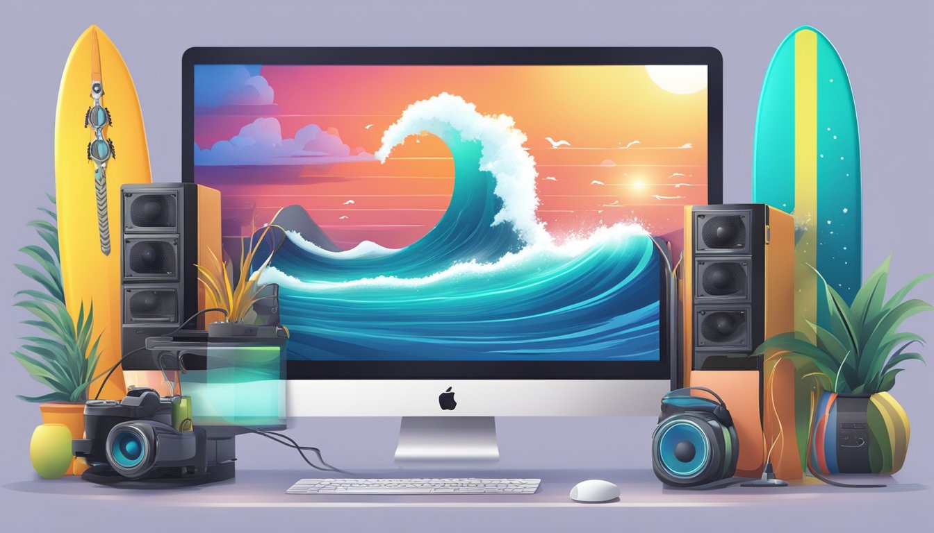 A glowing computer screen surrounded by surfing gear and ocean waves, with six alternative options floating above like colorful surfboards