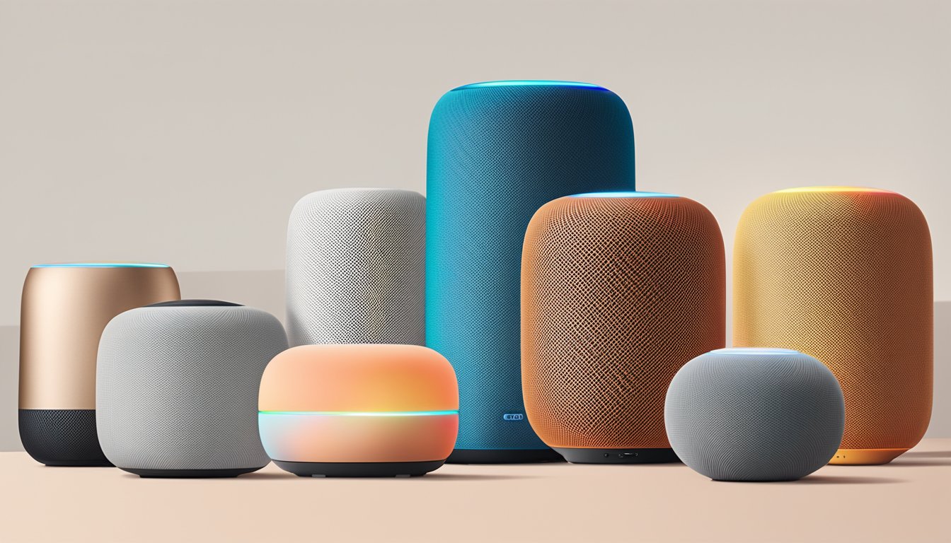 A lineup of smart speakers, including Google Home, Apple HomePod, and Sonos One, with a spotlight on each, surrounded by text listing their features