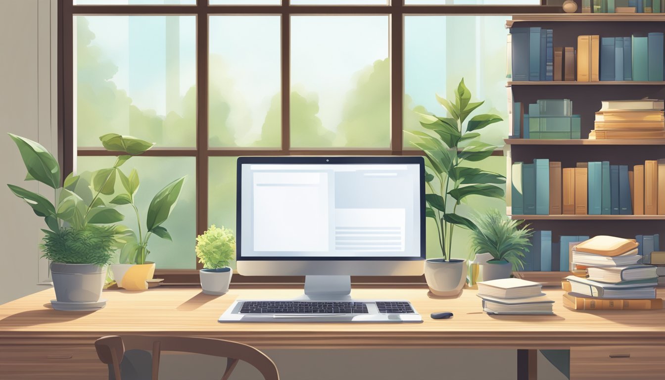 A desk with a computer, notebook, and pen.</p><p>A stack of books on the side.</p><p>A window with natural light.</p><p>Plants in the background