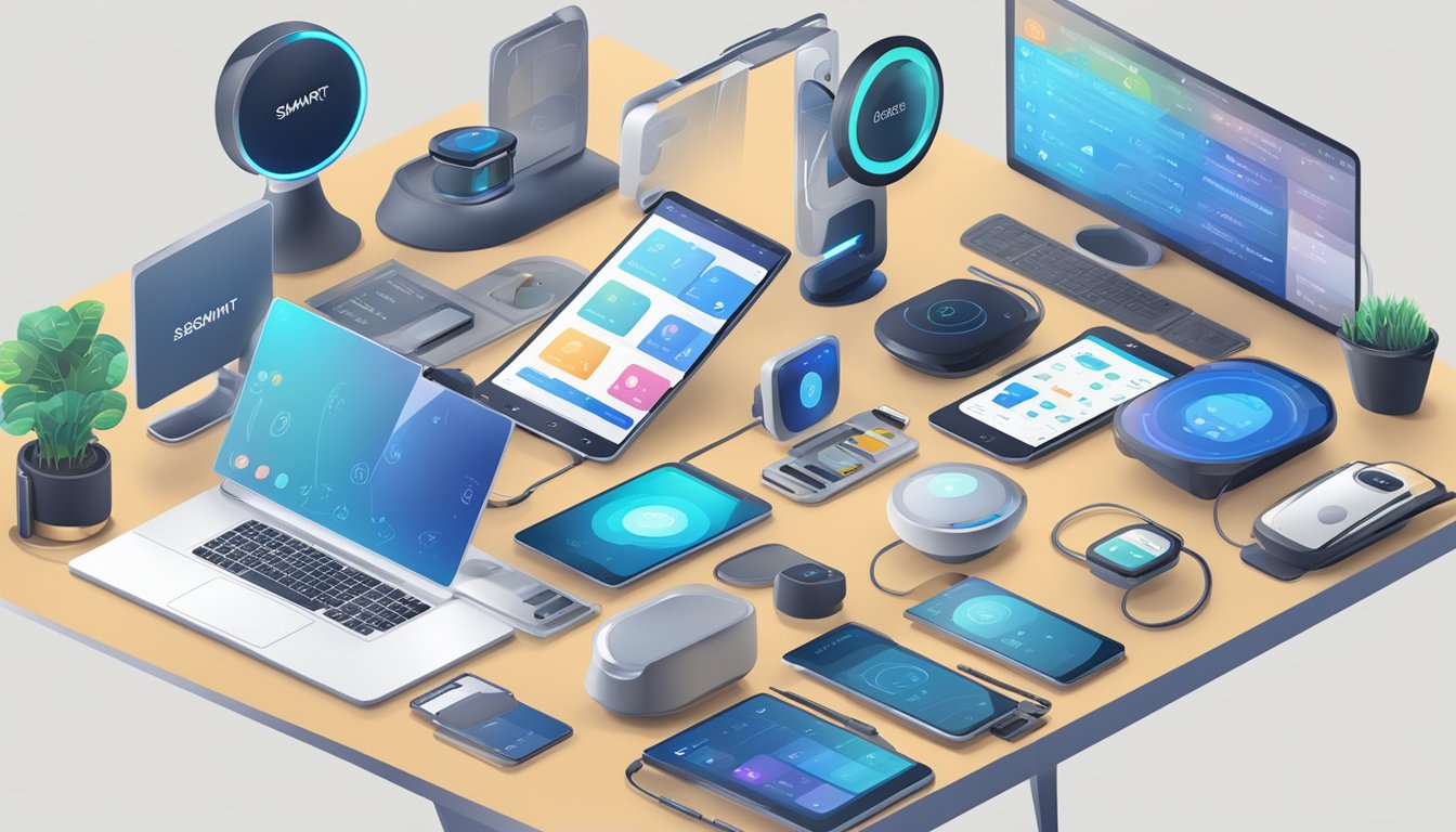 A table with six smart assistant devices, each labeled with their respective names, surrounded by various electronic gadgets and a checklist of features