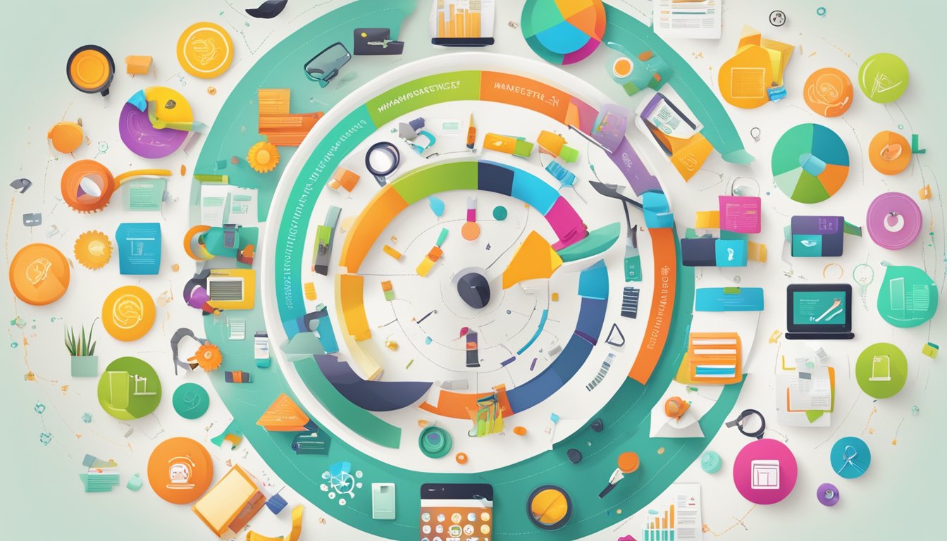 A colorful array of vibrant and diverse marketing tools arranged in a circular pattern, with "MarketMuse" at the center, surrounded by its six awesome alternatives