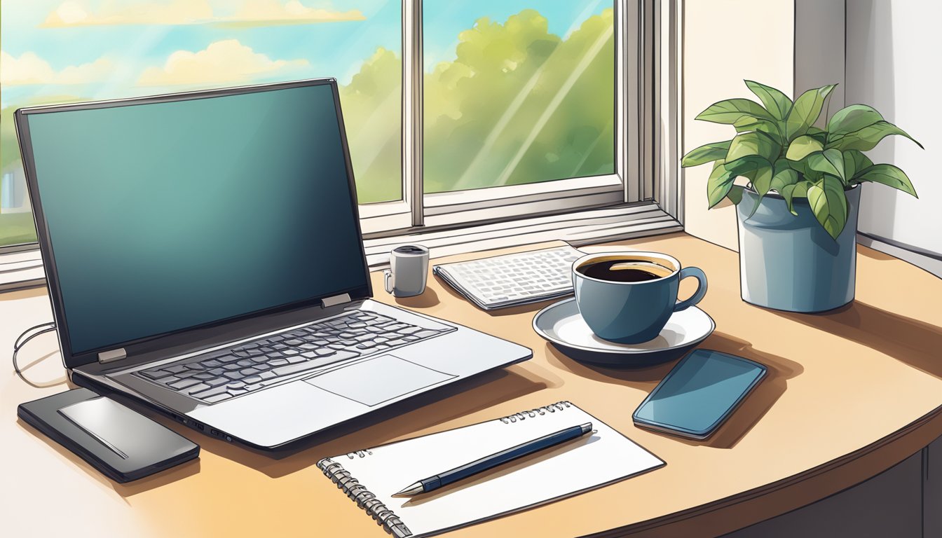 A desk with a computer, notebook, and pen.</p><p>A cup of coffee sits next to the computer.</p><p>A window shows a sunny day outside