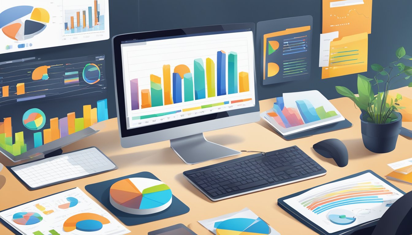 A desk with a computer screen showing various data visualization tools.</p><p>Charts, graphs, and reports are scattered around the desk