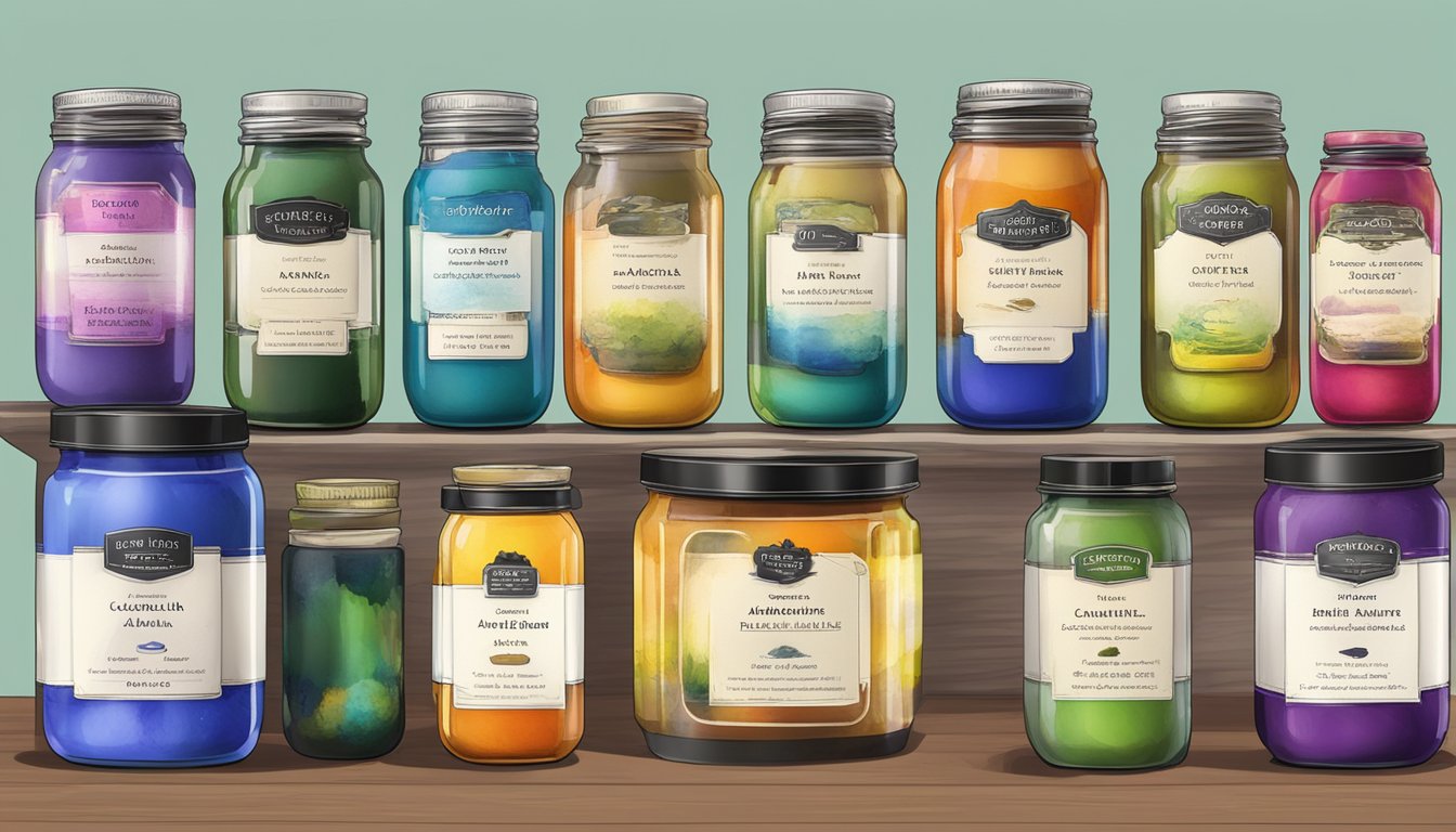 A table with five different jars of ink alternatives, each labeled with their names and key features.</p><p>Bright lighting highlights the vibrant colors and unique textures of the products