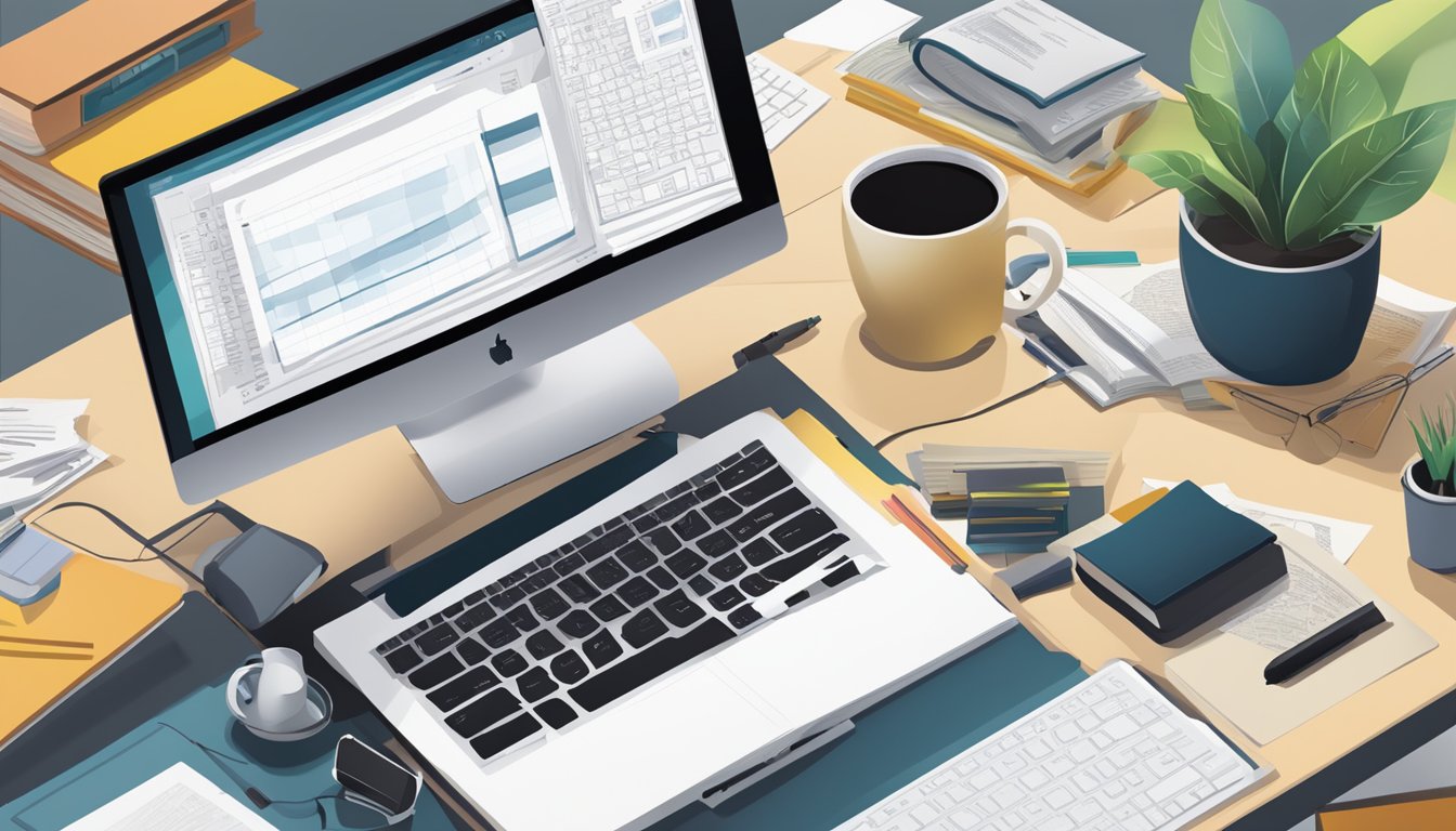 A desk with a computer, surrounded by books and papers.</p><p>A cup of coffee sits next to the keyboard.</p><p>The screen displays "Copy.ai The 5 Top Alternatives to INK."