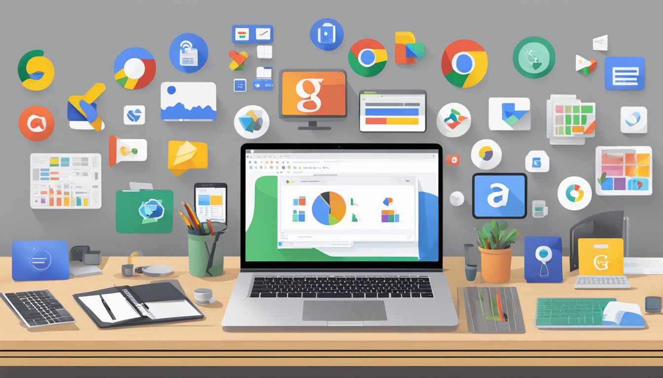 A table with a laptop showing Google Data Studio, surrounded by 7 alternative software logos