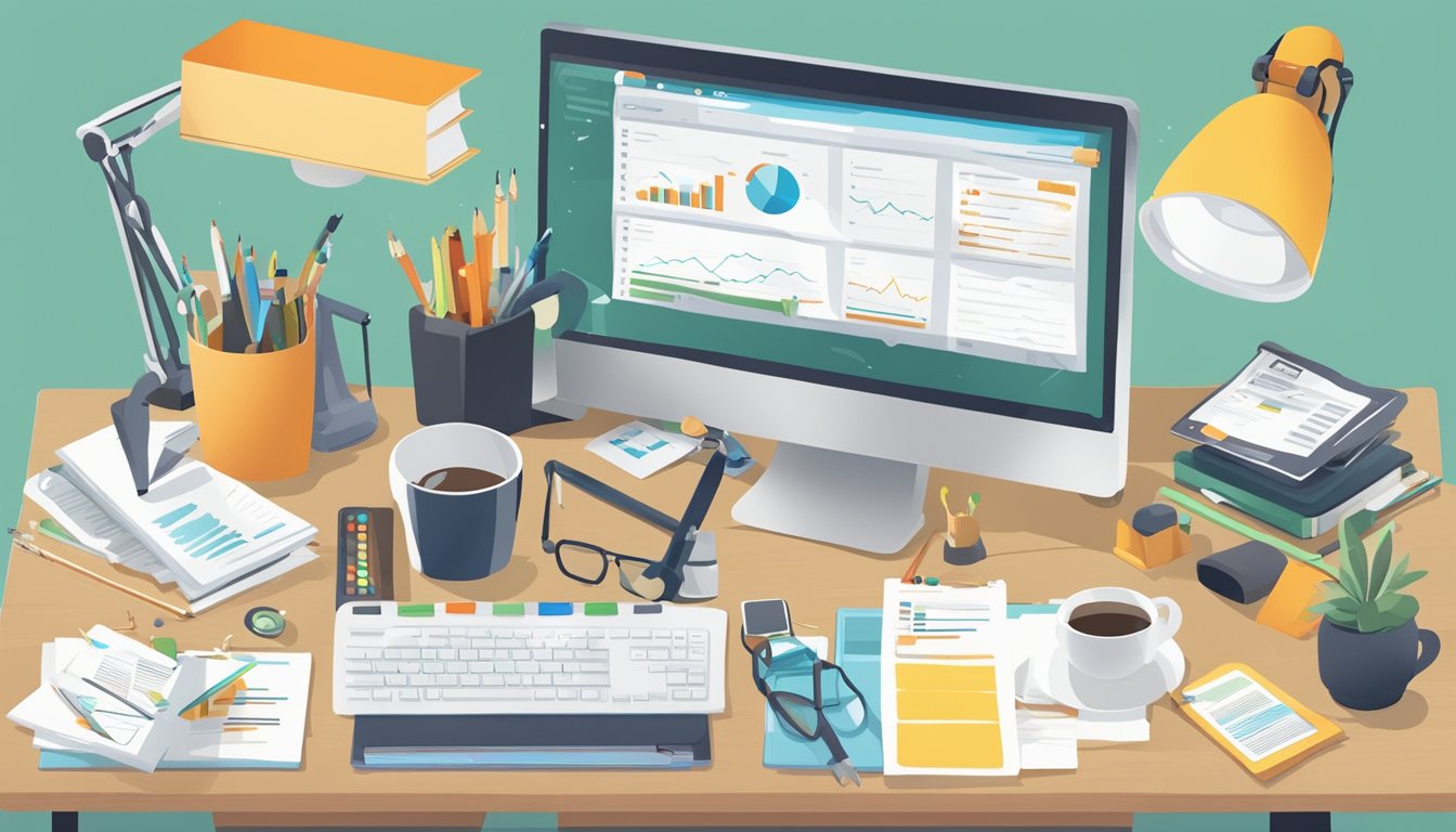 A desk with a computer showing a list of "Key Features to Look for in an SEO Tool" and "The 7 Best Alternatives to SEMrush" on the screen.</p><p>Various SEO tools and their features scattered around the desk