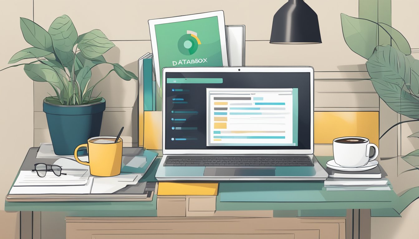 A desk with a laptop, coffee cup, and open browser showing "Databox The 7 Best Alternatives to DashThis" article