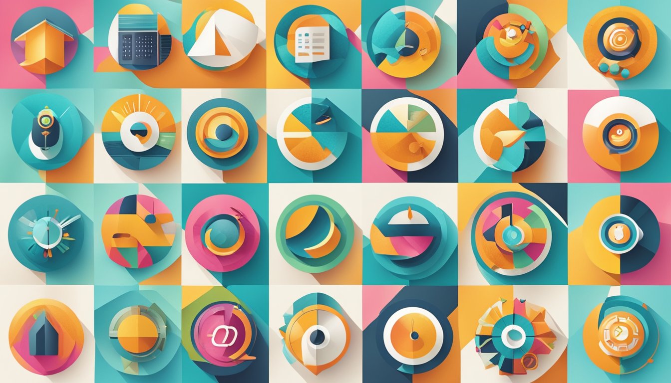 A vibrant collage of 7 unique icons representing alternative options to Kompyte, arranged in a circular pattern with bold, eye-catching colors and modern design elements