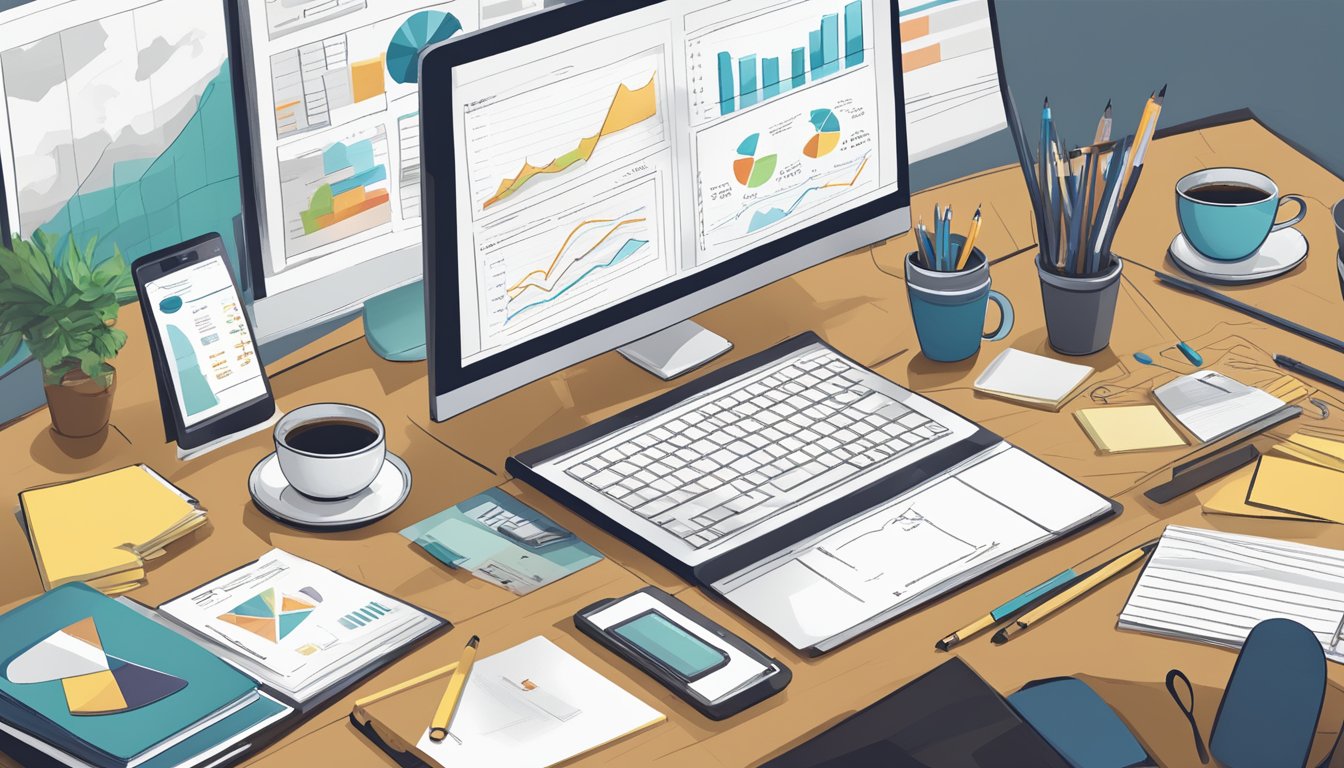 A desk with a computer displaying "6 Awesome Alternatives to Agency Analytics" surrounded by notebooks, pens, and a cup of coffee