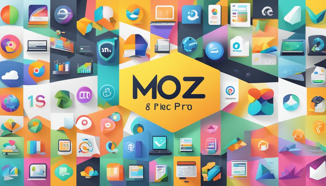 A lineup of 8 colorful software logos, with "Moz Pro" and "SEOMonitor" at the center, surrounded by their alternative options