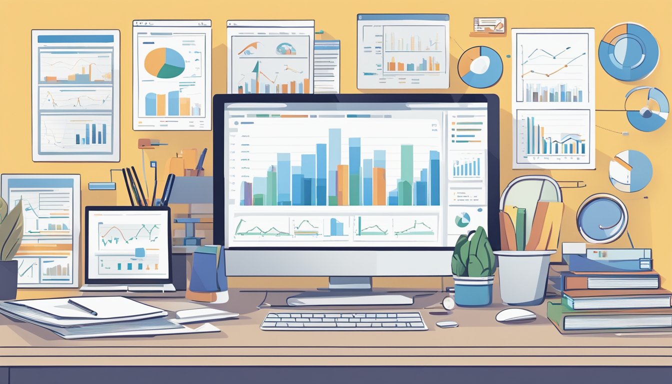 A desk with a computer displaying various analytics tools, surrounded by charts, graphs, and data reports.</p><p>A list of "6 Awesome Alternatives to Agency Analytics" is visible on the screen