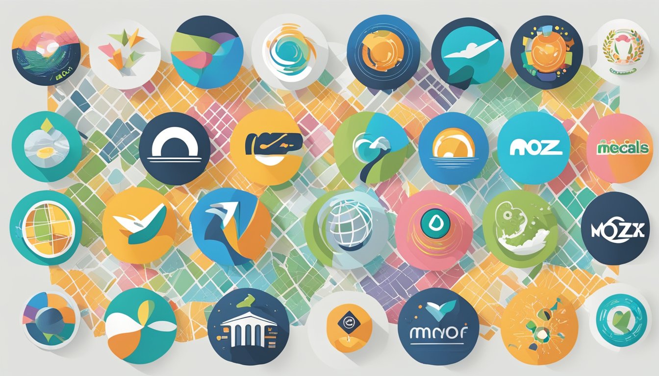 A colorful array of 7 alternative logos to Moz Local arranged in a circular pattern, each representing a different company or service