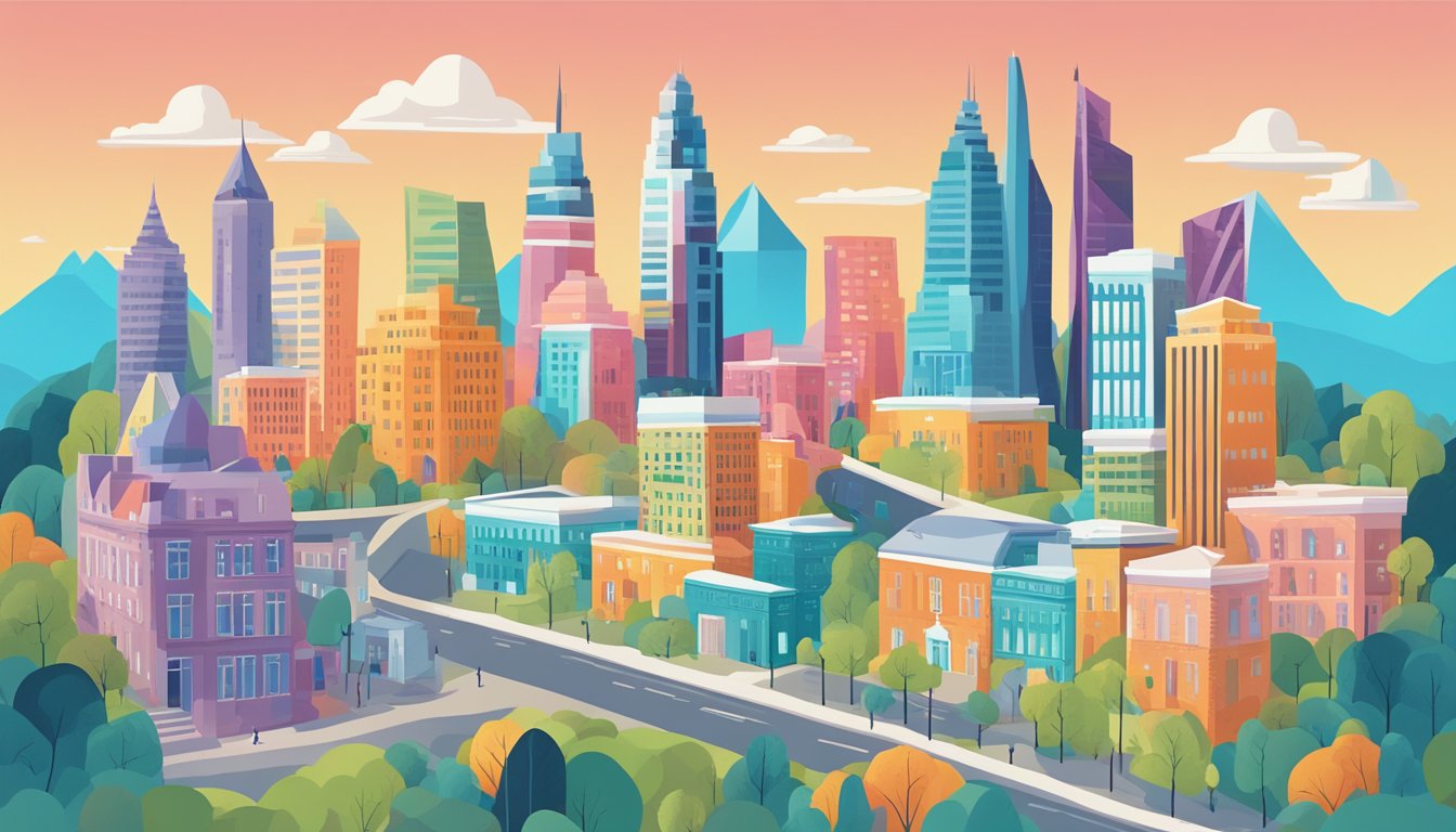 A vibrant cityscape with 7 prominent buildings representing the top alternatives to Moz Local, each building labeled with the name of the alternative