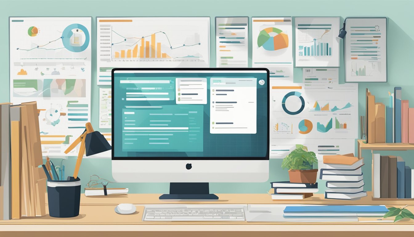 A desk with a computer displaying SEO tools, surrounded by books and charts.</p><p>A list of top alternatives to SEOmonitor is pinned on the wall