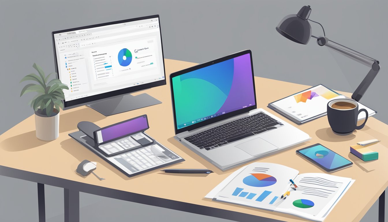 A desk with a computer displaying Google Data Studio and a list of 6 alternative tools to Databox.</p><p>A notepad, pen, and coffee mug are also on the desk