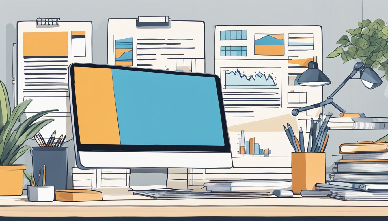 A desk with a computer displaying "Ahrefs The 5 Best Alternatives to SEMrush My Reports," surrounded by notebooks and pens