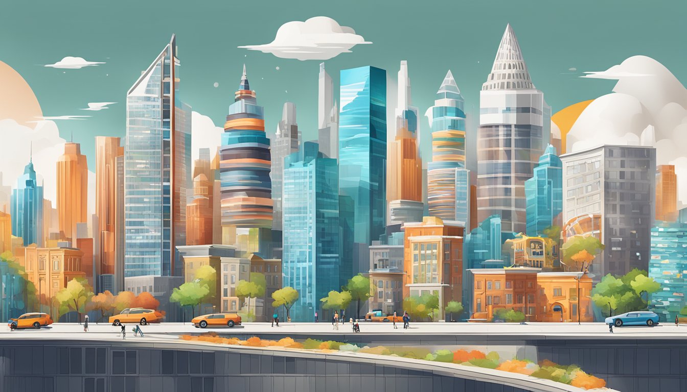 A vibrant city skyline with 8 unique buildings, each representing an alternative to WhiteSpark, with the SEMrush logo prominently displayed on a billboard