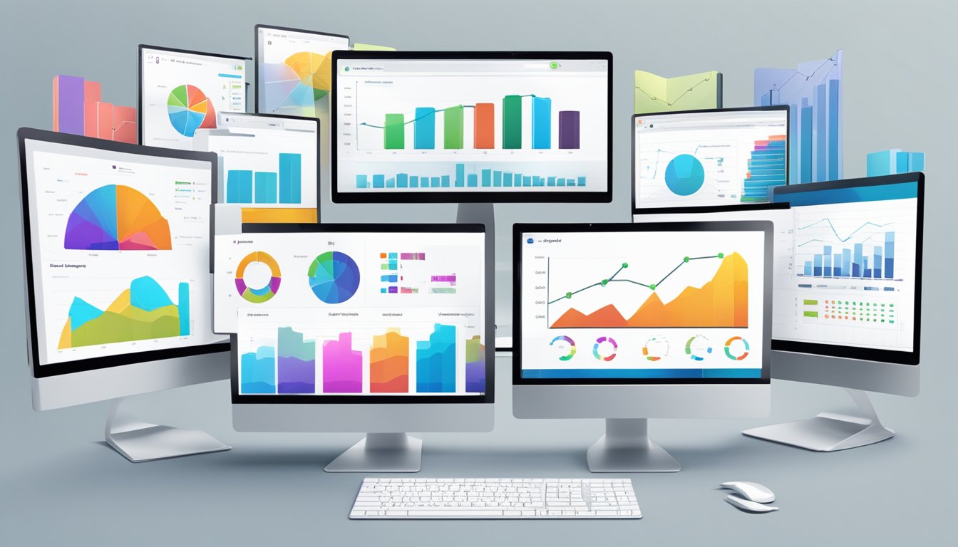 A group of colorful graphs and charts displayed on computer screens, showcasing the long-term benefits of switching from Databox.</p><p>Six alternative software logos are visible in the background