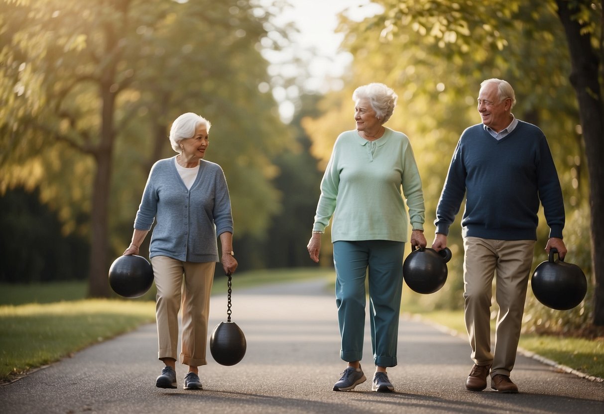 An elderly person holds two heavy weights at their sides, walking with slow, deliberate steps. A supportive caregiver looks on, offering encouragement