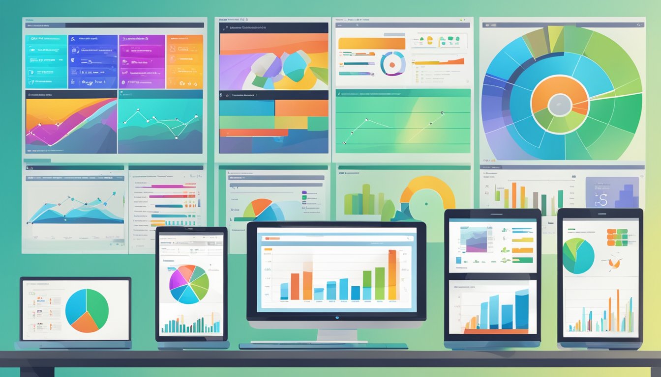 A colorful array of charts and graphs displayed on computer screens, with the logos of various business intelligence software options surrounding them