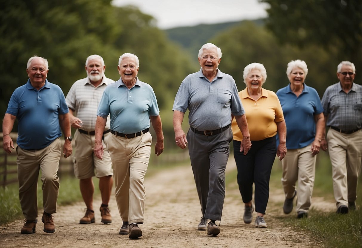 A group of seniors perform farmers walks, carrying heavy weights in each hand, with good posture and determination. They walk with steady, deliberate steps, showing strength and resilience