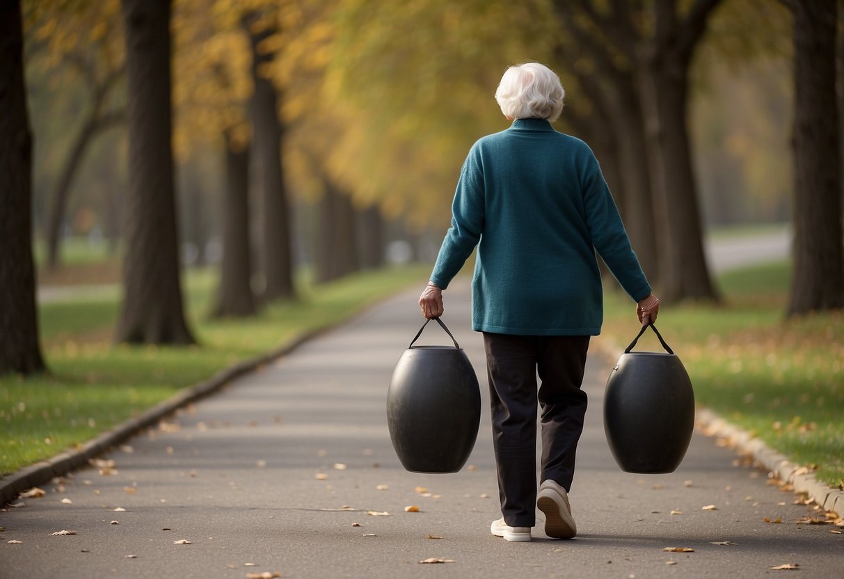 An elderly person holding two weighted objects, walking with a straight back and engaged core. A clear pathway with no obstacles