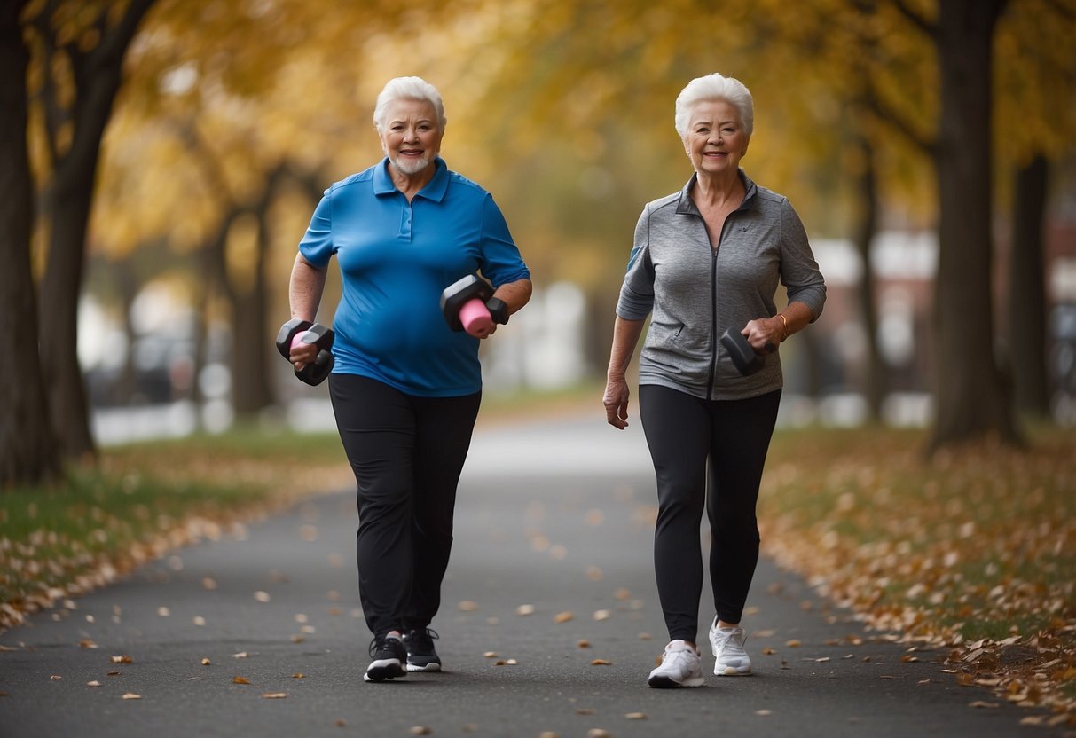 A senior walks with weights in each hand, maintaining an upright posture and steady pace. The exercise is performed with focus and determination