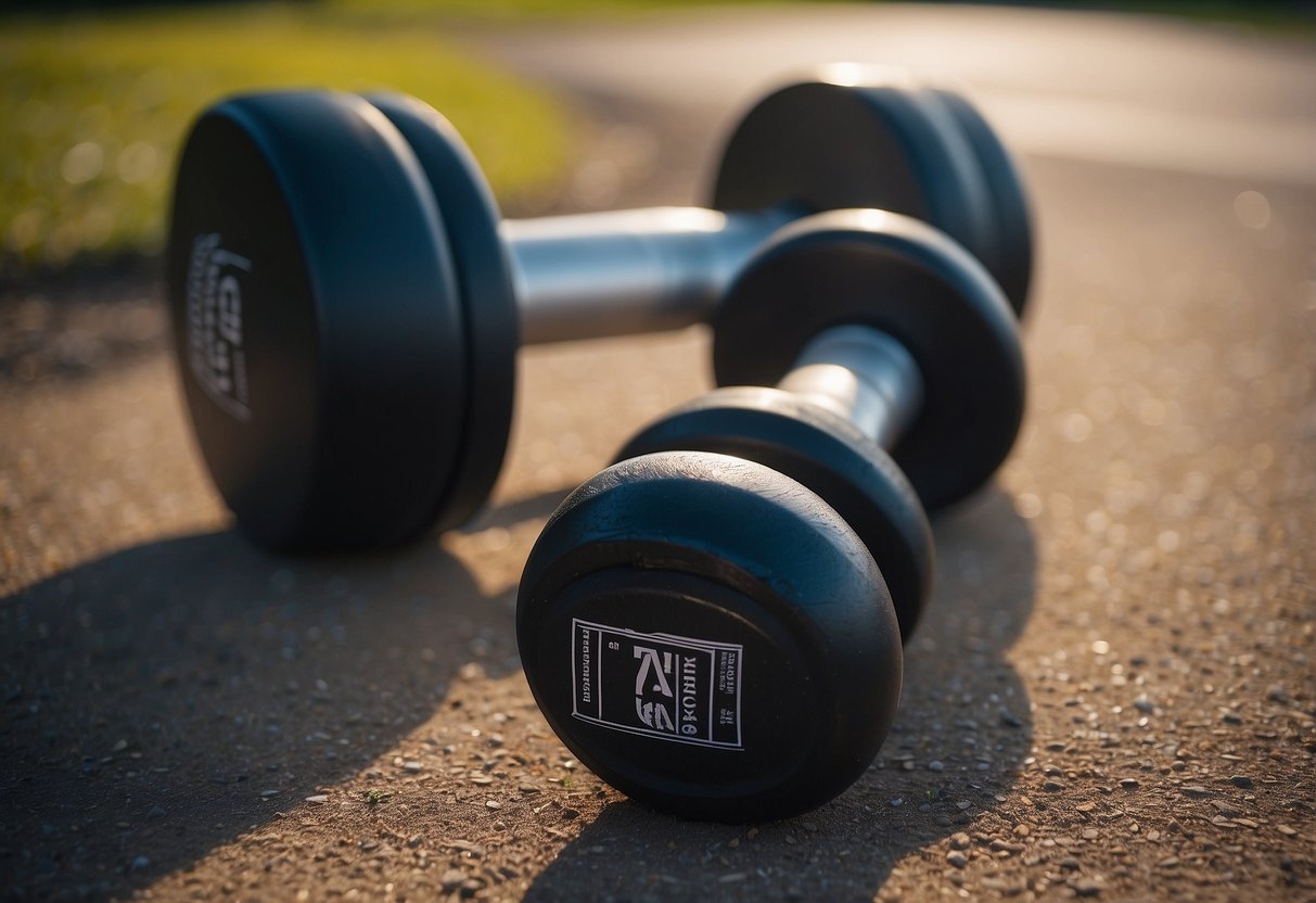 Two heavy dumbbells on the ground, with a pair of senior-friendly gloves nearby. A flat, open space with good lighting