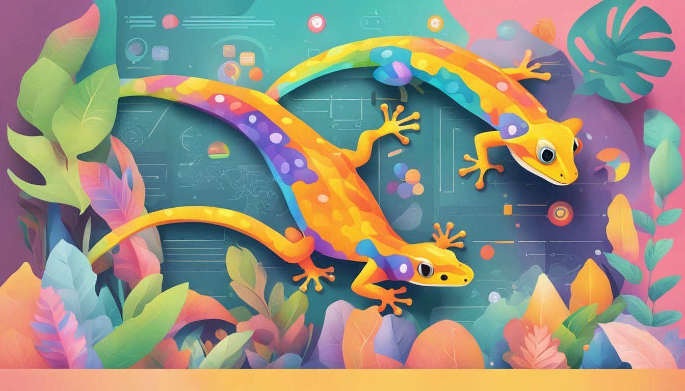 A colorful gecko climbing a vibrant, interactive dashboard displaying the 8 top alternatives to Cyfe in a modern, sleek design