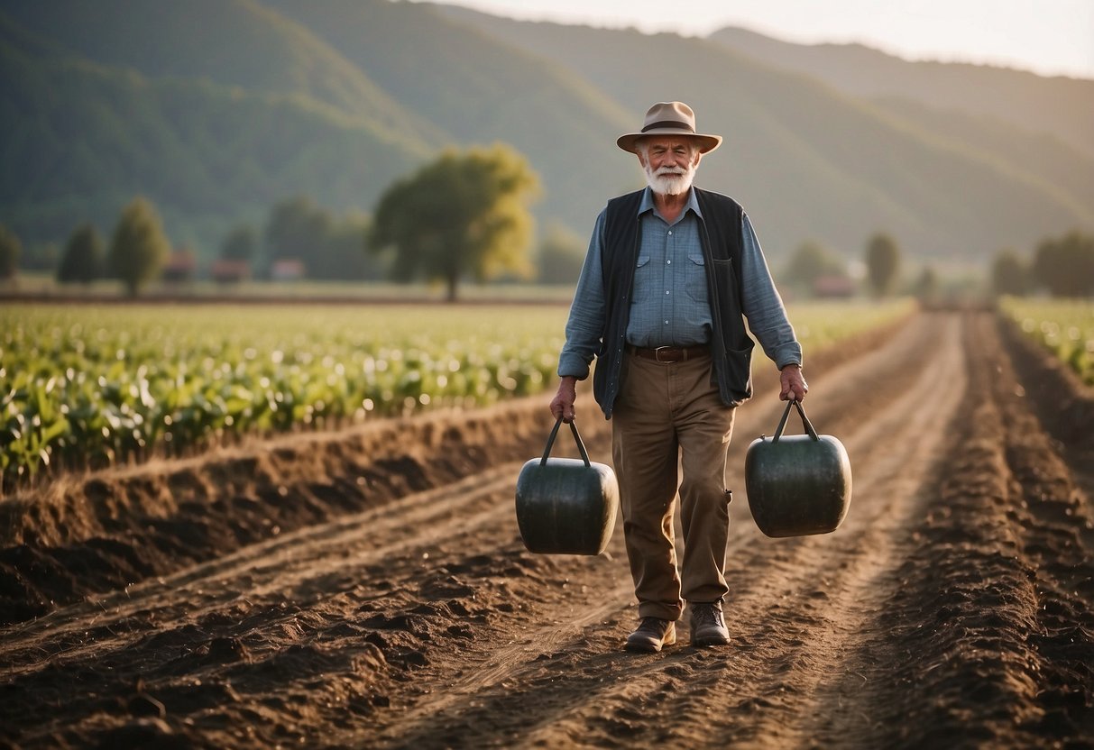 A senior farmers walk exercise with determination, carrying heavy weights in each hand, overcoming common challenges