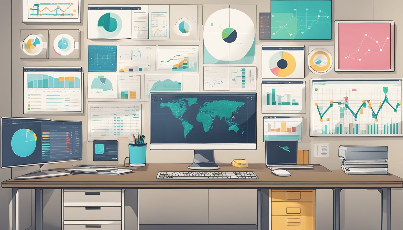 A desk with a computer monitor displaying Databox and 8 alternative logos to Cyfe, surrounded by charts and graphs on the wall