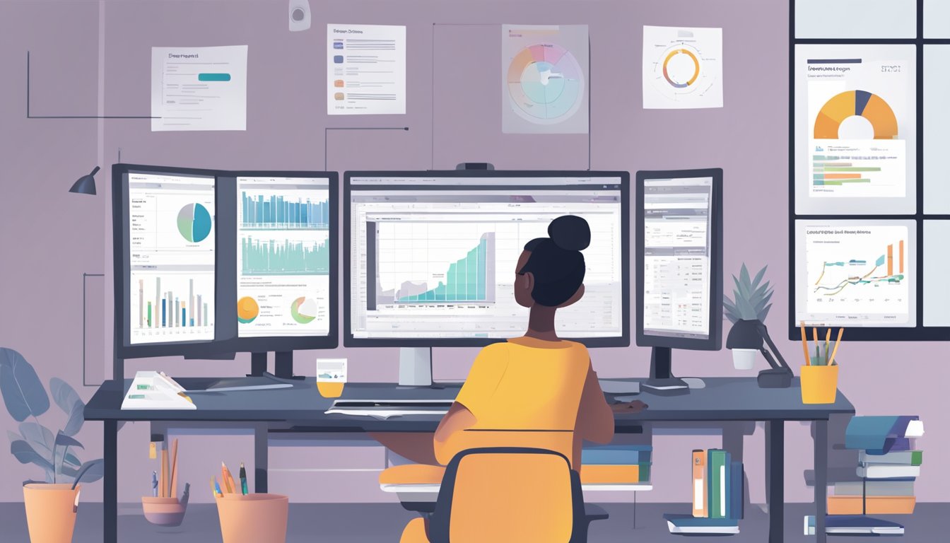 A desk with a computer displaying a comparison chart of the top 8 BI tools, including Looker Studio.</p><p>A person is taking notes and analyzing the data