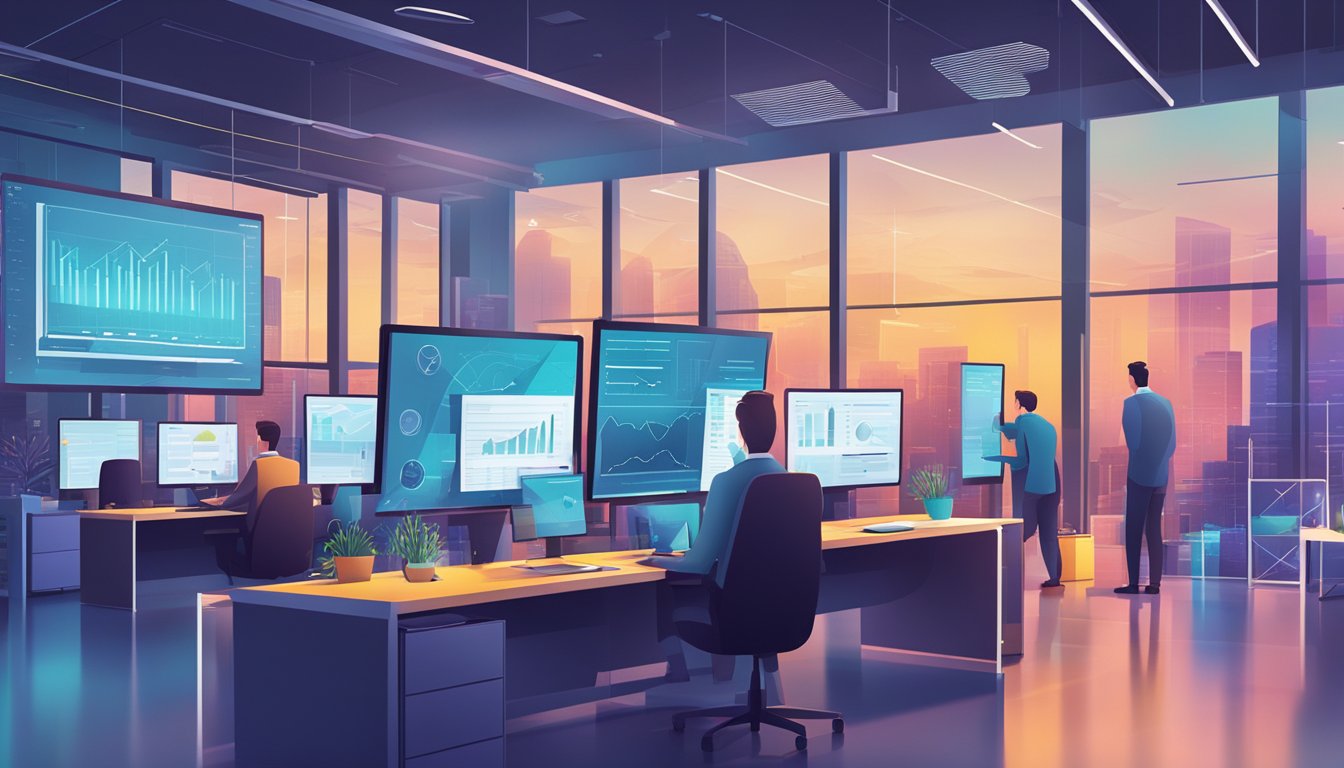 A vibrant, modern office setting with multiple computer screens displaying various data visualizations and charts.</p><p>The atmosphere is dynamic and focused, with a sense of collaboration and productivity