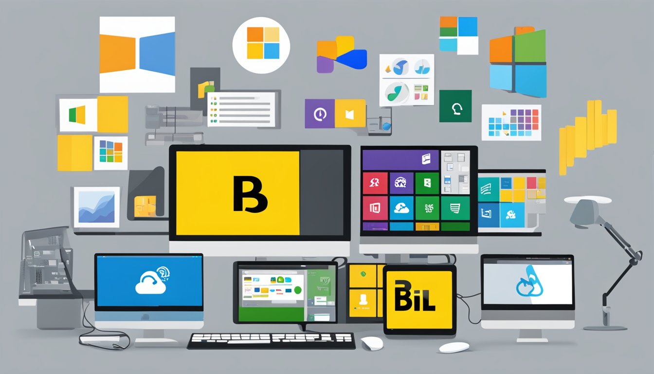 A computer monitor displaying Microsoft Power BI alongside 8 alternative software logos